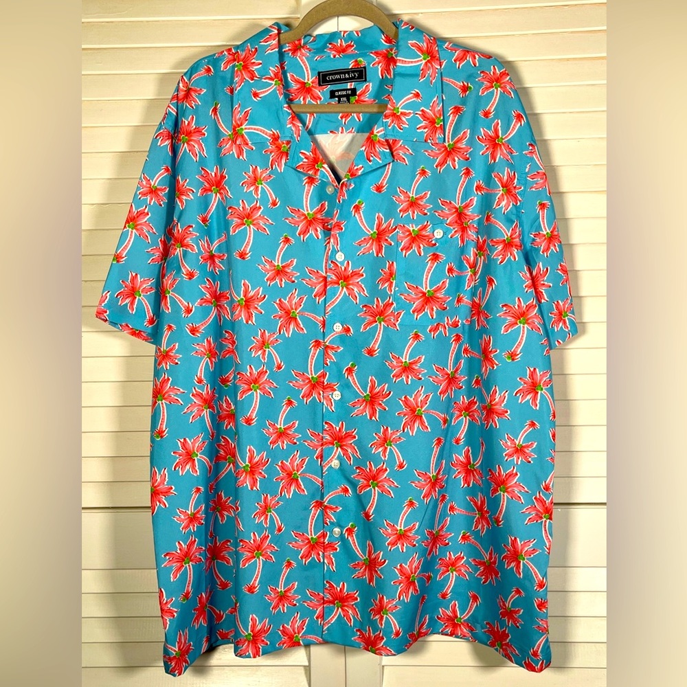 Men’s Crown & Ivy palm tree print SS but front shirt poly